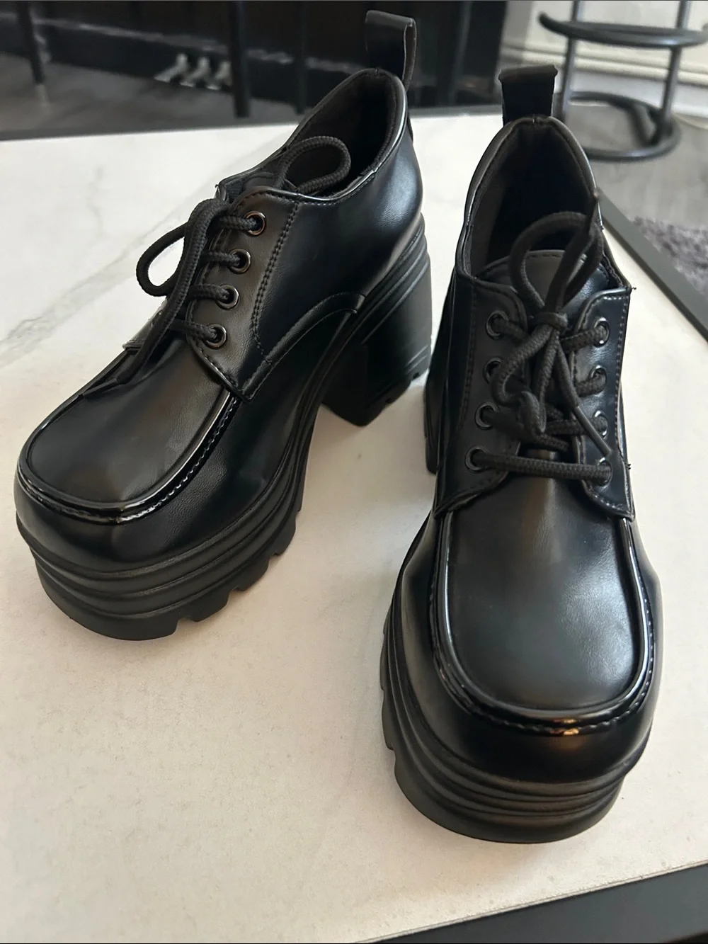 Chunky Black Platform Lace-Up Heels for Women Size 7.5